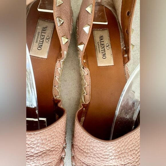Valentino Garavani Rockstud Pink Leather Espadrille Ankle Wrap Flats Size 37 - Picture 3 of 13